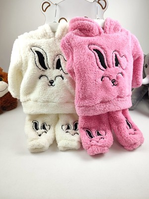 Tavşan Nakış Detaylı Kapüşonlu Peluş Welsoft Kız Çocuk Alt-Üst Eşofman Takımı (Tek Takım)