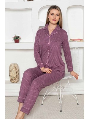 Bie's Mürdüm Kalp Desen Boydan Düğmeli Gömlek Yaka Uzun Kol Kadın Pijama Takımı -Milan Likralı Viskon Cepli Alt