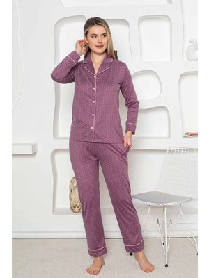 Bie's Mürdüm Kalp Desen Boydan Düğmeli Gömlek Yaka Uzun Kol Kadın Pijama Takımı -Milan Likralı Viskon Cepli Alt