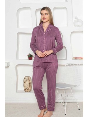 Bie's Mürdüm Kalp Desen Boydan Düğmeli Gömlek Yaka Uzun Kol Kadın Pijama Takımı -Milan Likralı Viskon Cepli Alt