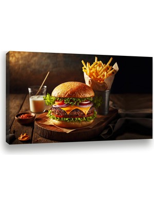 Reklam Ofisi Hamburger, Patates Kızartması, Kafe, Restaurant, Yemek Temalı Premium Kanvas Tablo