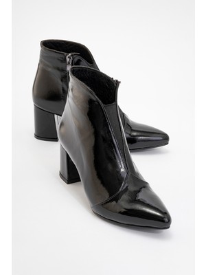 Luvi Finda Siyah Rugan  Deri Kadın Kalın Topuklu Bot