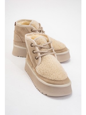 Luvi Tyson Bej Süet Kürklü Kalın Taban Bağcıklı Kadın Spor Bot