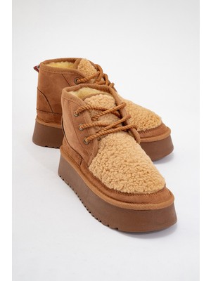 Luvi Tyson Taba Süet Kürklü Kalın Taban Bağcıklı Kadın Spor Bot