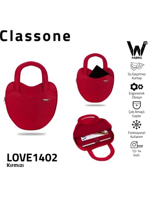 Classone LOVE1402 13-14 Inch WTXPro Su Geçirmez Kumaş, Macbook,Mac Air Laptop El ve Omuz Çantası - Kırmızı