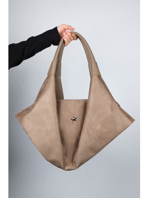 Luvi Rally Koyu Bej Süet Kadın Omuz Cantası