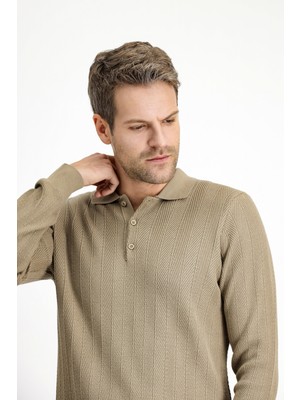 Kiğılı Polo Yaka Düğmeli Slim Fit Desenli Pamuklu Triko Kazak