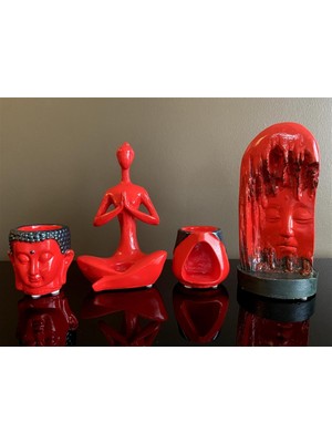 4'lü Set Kırmızı Eskitme Namaste, Tütsülük, Buddha ve Tad Buhurdanlık.