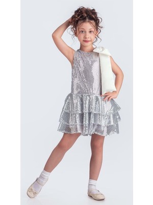 Mnk Baby & Kids Yaka Fiyonk Pul Payet Kumaşlı Kız Çocuk Abiye Elbise M00702