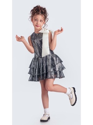 Yaka Fiyonk Pul Payet Kumaşlı Kız Çocuk Abiye Elbise M00702