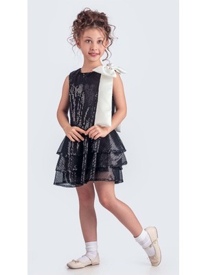 Yaka Fiyonk Pul Payet Kumaşlı Kız Çocuk Abiye Elbise M00702