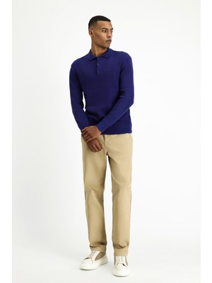 Polo Yaka Slim Fit Dar Kesim Desenli Pamuklu Triko Kazak