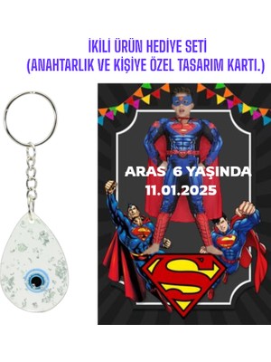 Rita Kişiye Özel Resimli Baskı Kartı ve Anahtarlık Seti. 5 Adet Süpermen Superman Bebek Partisi Baby Sower 1 Yaş Çocuk Doğum Günü Sünnet