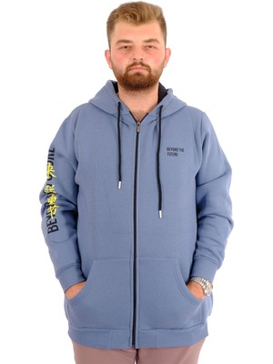Mode Xl Erkek Büyük Beden Fermuarlı Kapüşonlu Sweatshirt Future U24549 Mavi