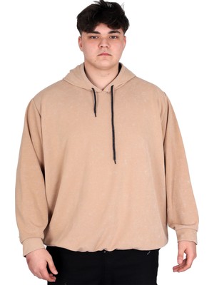 Mode Xl Büyük Beden Erkek Kapüşonlu Sweatshirt Asit Yıkama Interlok U24167 Bej