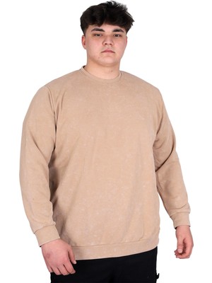 Mode Xl Büyük Beden Erkek Bisiklet Yaka Sweatshirt Asit Yıkama Interlok U24175 Bej