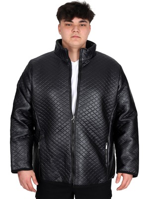 Mode Xl Büyük Beden Erkek Dik Yaka Kapitone Mont U24614 Siyah Deri