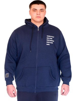 ModeXL Mode Kapüşonlu Sweatshirt 4XL Erkek Indigo Renk Fermuarlı Uzun Kol Oversize Tasarım
