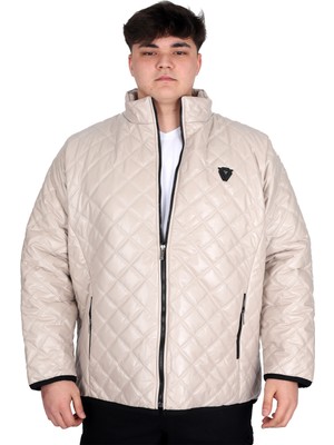ModeXL Bej Dik Yaka Kapitone Mont U24615 Büyük Beden Erkekler İçin Rahat ve Şık