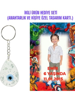 Kişiye Özel Resimli Baskı Kartı ve Anahtarlık Seti. 5 Adet Avengers Yenilmezler Bebek Partisi Baby Sower 1 Yaş Çocuk Doğum Günü Sünnet Mevlit.