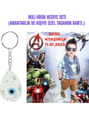 Kişiye Özel Resimli Baskı Kartı ve Anahtarlık Seti. 5 Adet Avengers Yenilmezler Bebek Partisi Baby Sower 1 Yaş Çocuk Doğum Günü Sünnet Mevlit.