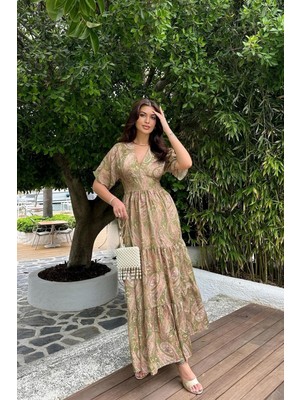 Şal Desenli Saten Elbise MKN2037