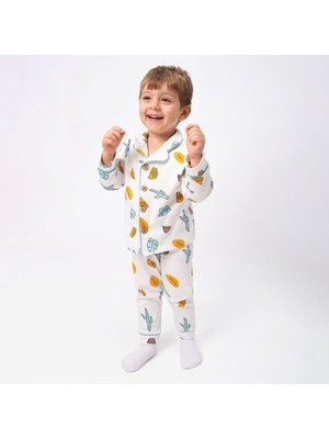 Ekru Yeşil Turuncu Yaprak Kaktüs Desenli Kruvaze Yaka Pijama Takımı - 1015407