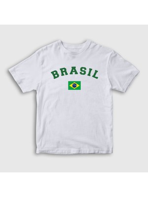 Presmono  Çocuk Beyaz Brasil Brazil Brezilya Bayrağı T-Shirt