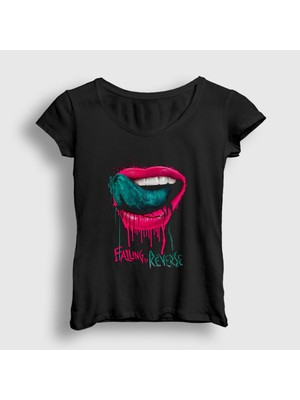 Presmono Kadın Siyah Tongue Dil Dudak Falling In Reverse T-Shirt