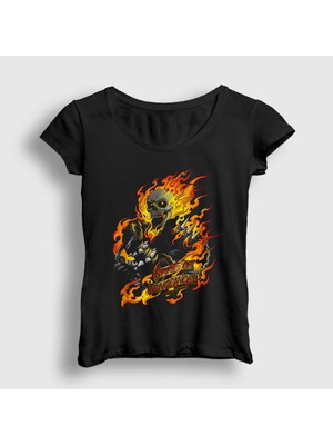 Presmono Kadın Siyah Ghost Rider Hediye Motorcu Motorsiklet T-Shirt