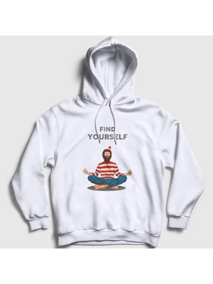 Presmono Unisex Beyaz Find Yourself Waldo Meditasyon Yoga Kapüşonlu Sweatshirt