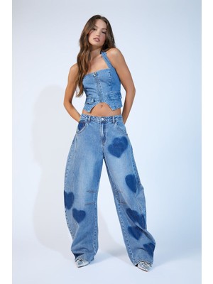 Kalp Desenli Baggy Jean Pantolon