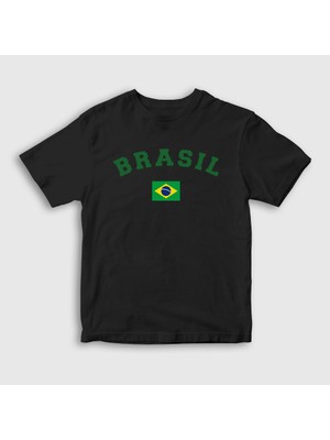 Presmono  Çocuk Siyah Brasil Brazil Brezilya Bayrağı T-Shirt