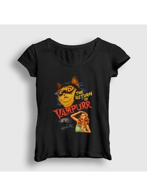 Presmono Kadın Siyah Vampurr Vampir Hediye Kedi Kedili T-Shirt