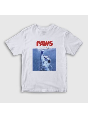 Presmono  Çocuk Beyaz Paws Jaws Film Komik Kedi Kedili T-Shirt