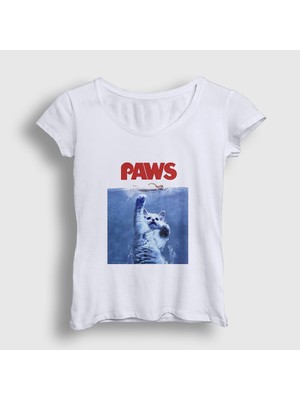 Presmono Kadın Beyaz Paws Jaws Film Komik Kedi Kedili T-Shirt