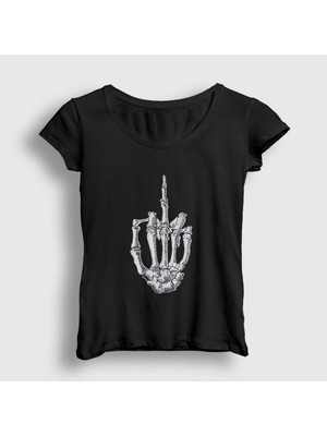 Presmono Kadın Siyah Middle Finger Skeletal Parmak Iskelet T-Shirt