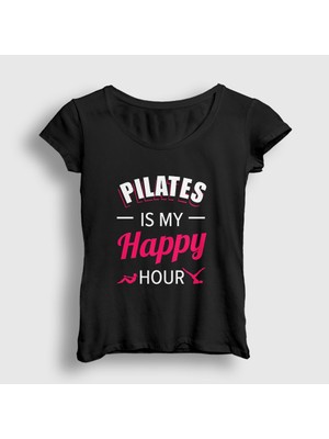 Presmono Kadın Siyah My Happy Hour Hediye Pilates T-Shirt