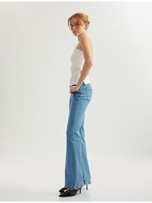 Koton Uzun Ispanyol Paça Düğmeli Dar Kalıp Denim Pantolon - Flare Jeans