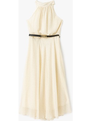 Koton Asarlı Kemerli Puantiyeli Halter Yaka Şifon Elbise