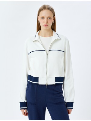 Şerit Baskılı Fermuarlı Uzun Kollu Dik Yaka Sweatshirt