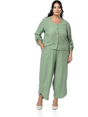 Disentis Modest Büyük Beden Paça Detaylı Bluz Pantolon Beyaz Ikili Takım