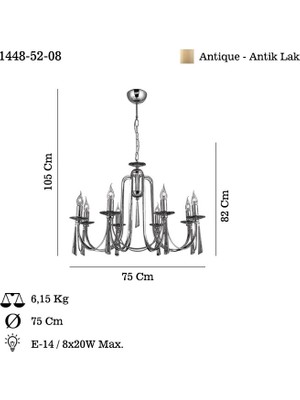 Kontes 8 Li Antık Lak Avize 8XE14