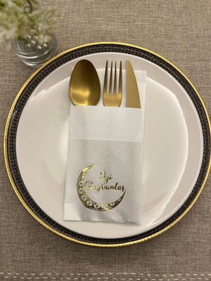 Kidspartim Gold Yaldızlı Beyaz Ay Desenli İyi Bayramlar Cepli Peçete 12'li