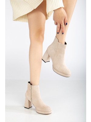 Dilimler Ayakkabı Kadın Platform Topuklu Bot Ten Süet Yüzüdüz Fermuarlı