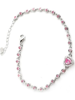 Pembe Zirkon Taşlı 925AYAR Gümüş Kalp Detaylı Su Yolu Aşk Bilekligi