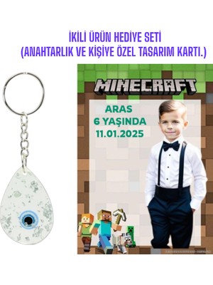 Kişiye Özel Resimli Baskı Kartı ve Anahtarlık Seti. 5 Adet  Minecraft Bebek Partisi Baby Sower 1 Yaş Çocuk Doğum Günü Sünnet Mevlit.