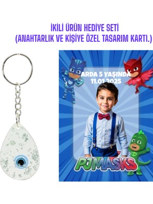 Rita Kişiye Özel Resimli Baskı Kartı ve Anahtarlık Seti. 5 Adet Pijamaskeliler Bebek Partisi Baby Sower 1 Yaş Çocuk Doğum Günü Sünnet Mevlit.