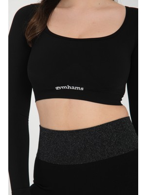 Gymhams Siyah Uzun Kollu Parmak Geçirme Detaylı Spor Fitness Yoga Kadın Crop Top-Sporcu Üst
