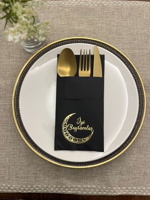 Kidspartim Gold Yaldızlı Siyah Ay Desenli İyi Bayramlar Cepli Peçete 12'li